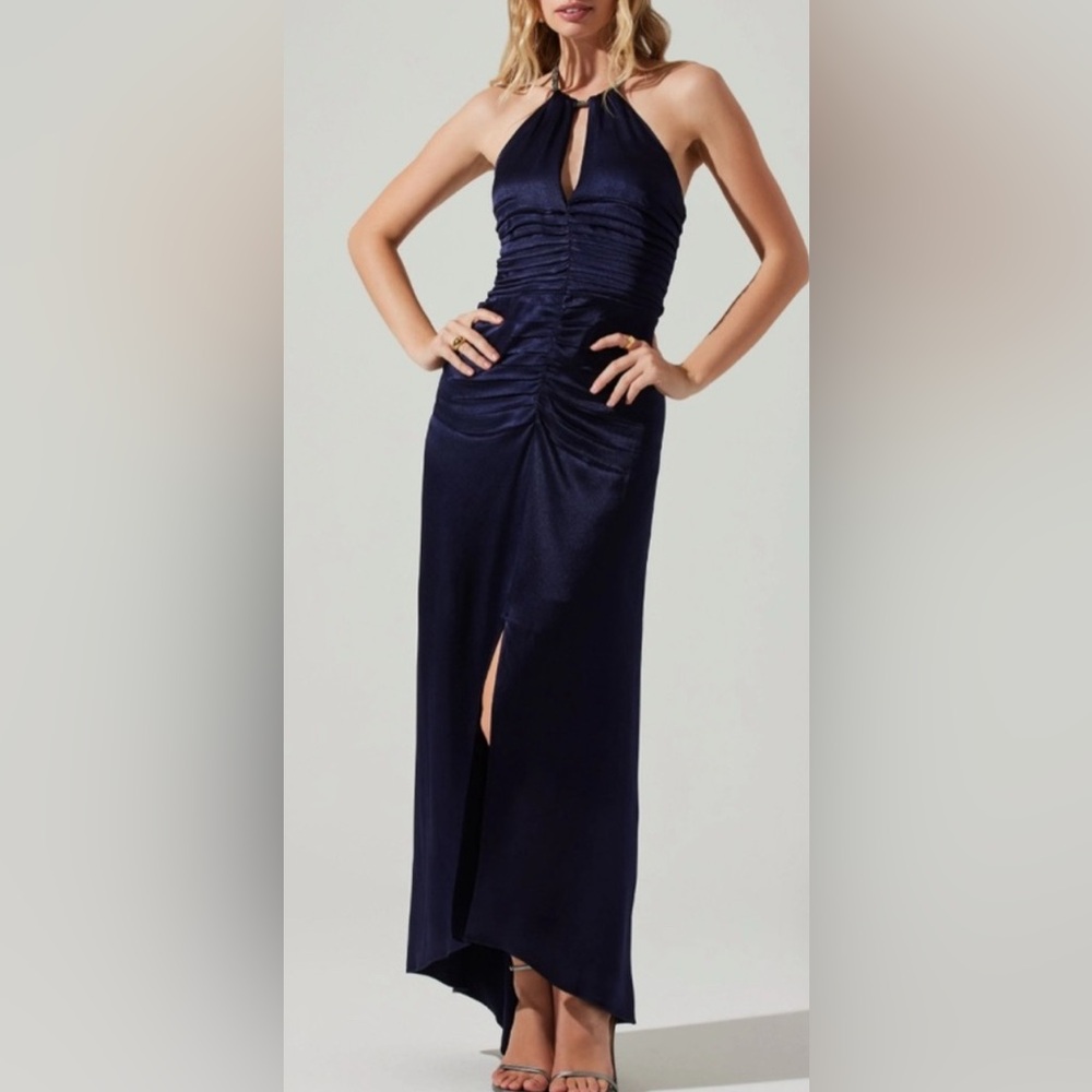 NWT ASTR Stella Ruched Halter Maxi Dress Navy Blue, Size S | 8880